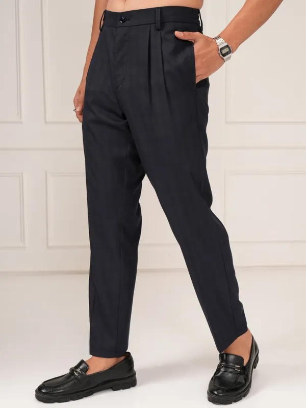 Highlander Men Navy Blue Slim Fit Solid Formal Trouser