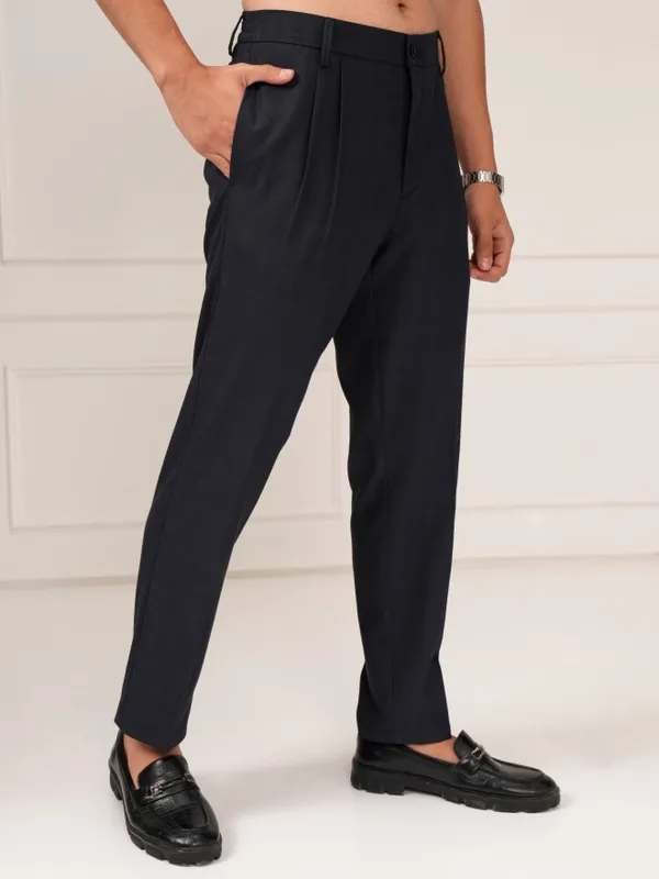 Highlander Men Navy Blue Slim Fit Solid Formal Trouser