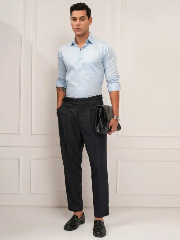 Highlander Men Navy Blue Slim Fit Solid Formal Trouser