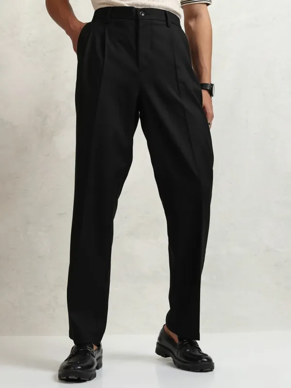 Highlander Men Black Regular Fit  Solid Formal Trousers