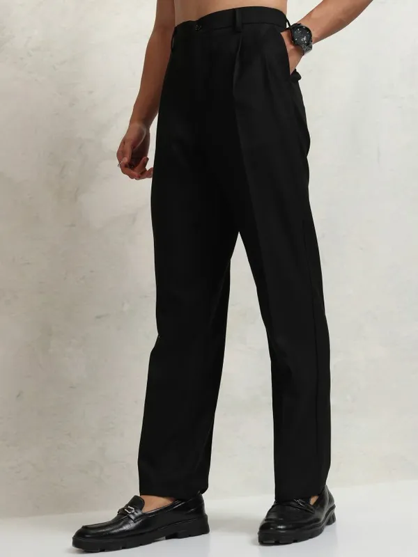 Highlander Men Black Regular Fit  Solid Formal Trousers