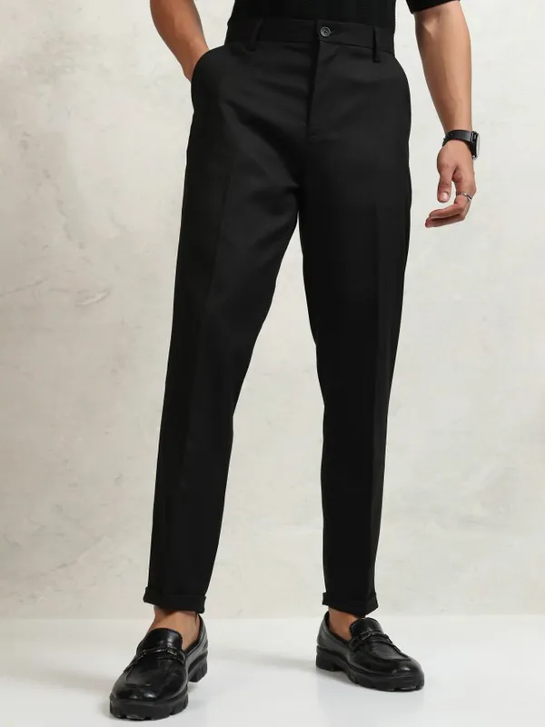 Highlander Men Black Regular Fit  Solid Formal Trousers