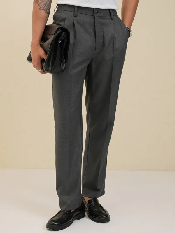Locomotive Men Grey Regular Fit Solid Formal Trousers