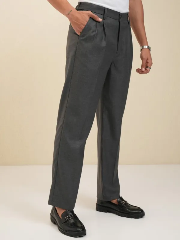 Locomotive Men Grey Regular Fit Solid Formal Trousers