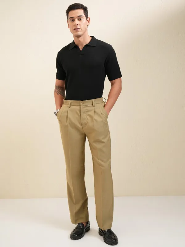 Locomotive Men Khaki Regular Fit Solid Formal Trousers