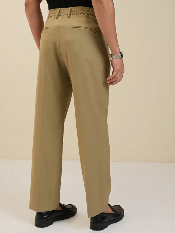 Locomotive Men Khaki Regular Fit Solid Formal Trousers
