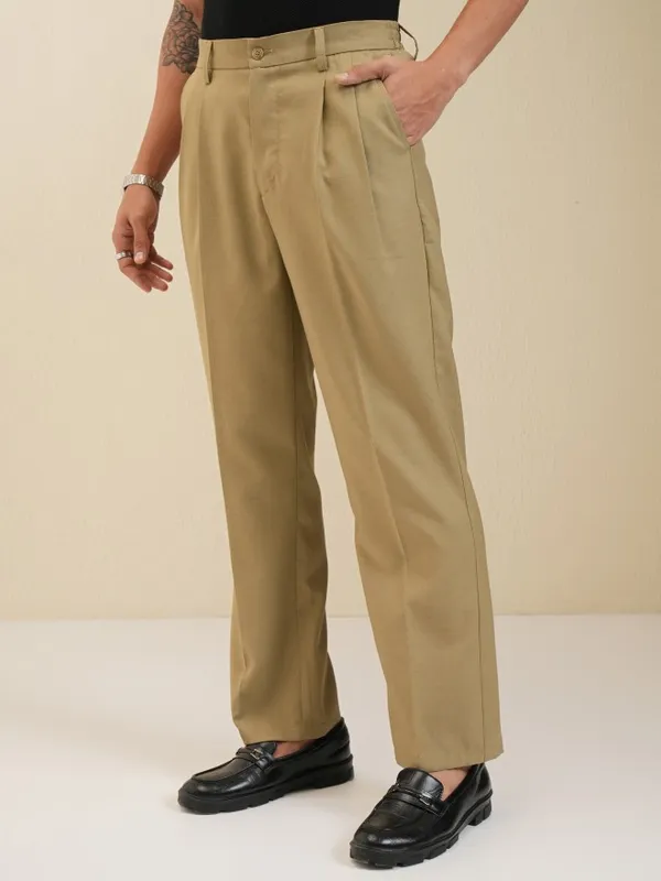 Locomotive Men Khaki Regular Fit Solid Formal Trousers