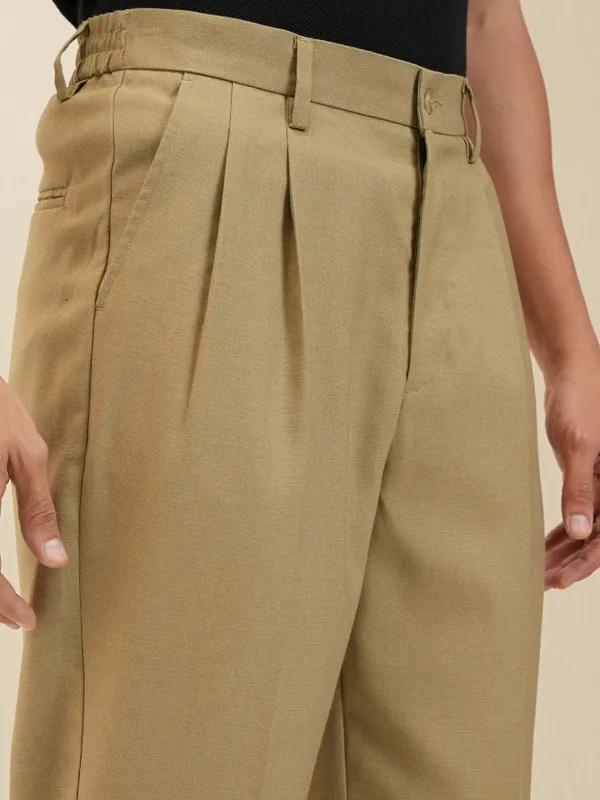 Locomotive Men Khaki Regular Fit Solid Formal Trousers