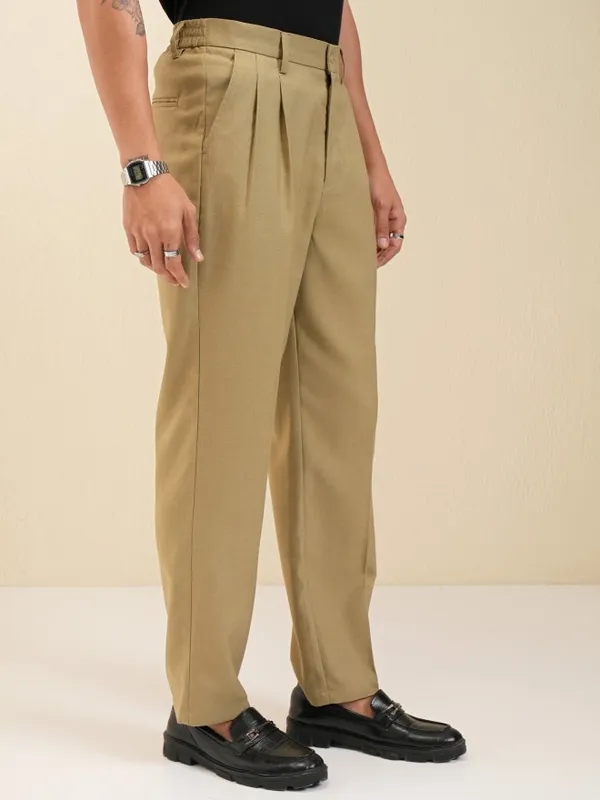 Locomotive Men Khaki Regular Fit Solid Formal Trousers