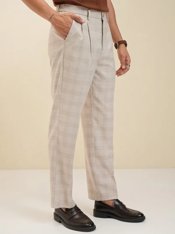 Locomotive Men Beige Regular Fit Checked Formal Trouser