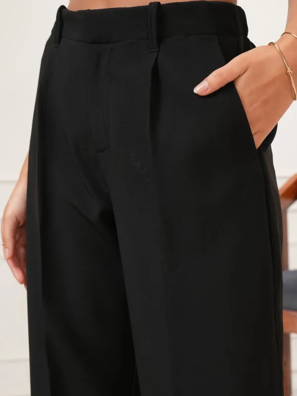 Tokyo Talkies Women Black Solid Straight Fit Formal Trousers