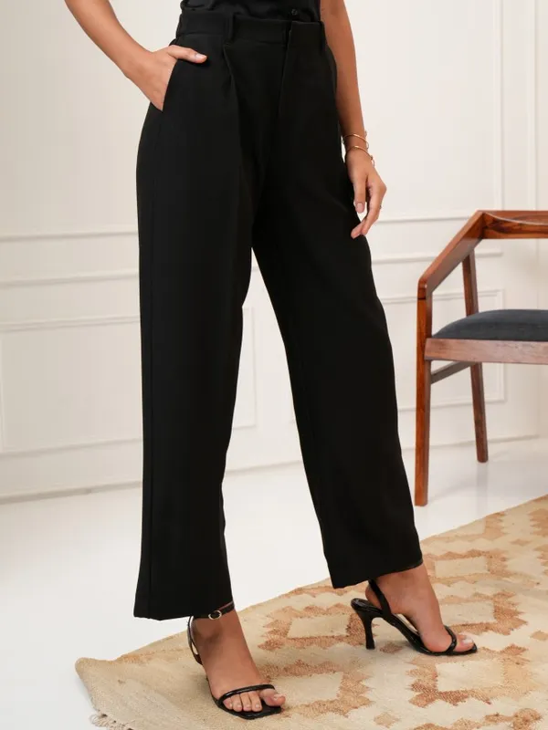 Tokyo Talkies Women Black Solid Straight Fit Formal Trousers