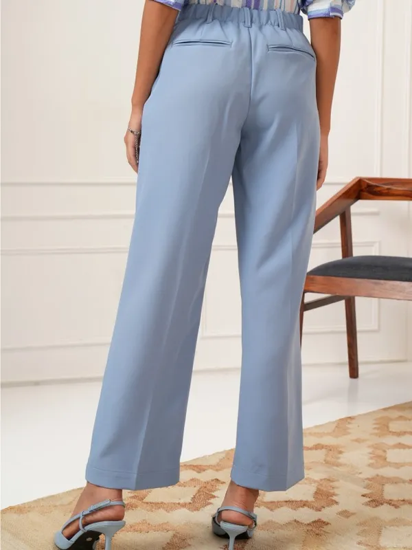 Tokyo Talkies Women Blue Solid Straight Fit Formal Trousers