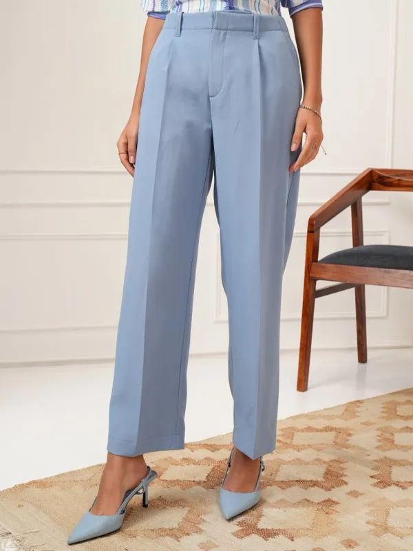 Tokyo Talkies Women Blue Solid Straight Fit Formal Trousers