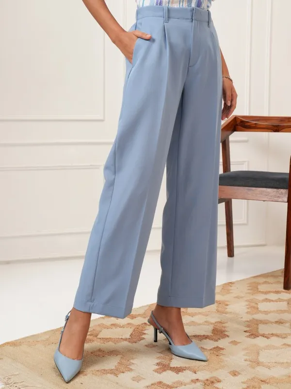 Tokyo Talkies Women Blue Solid Straight Fit Formal Trousers