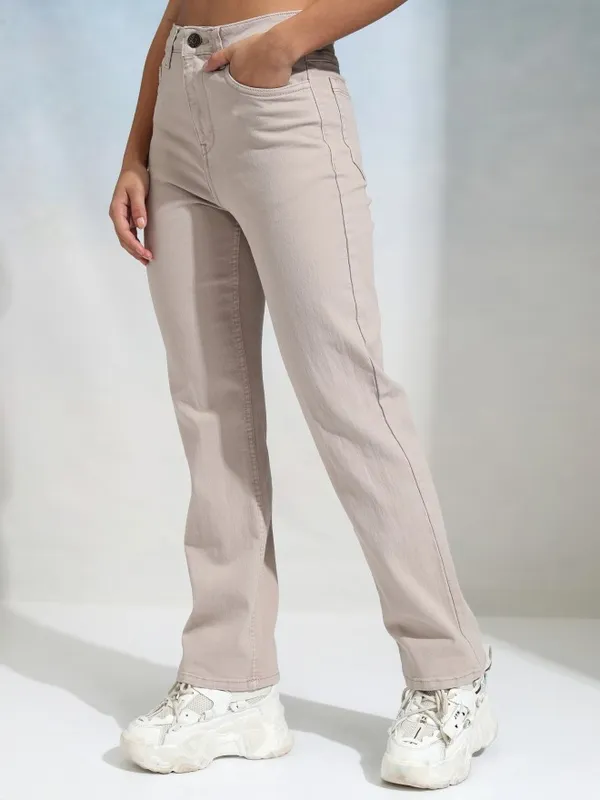 Tokyo Talkies Women Beige Straight Fit Stretchable Jeans