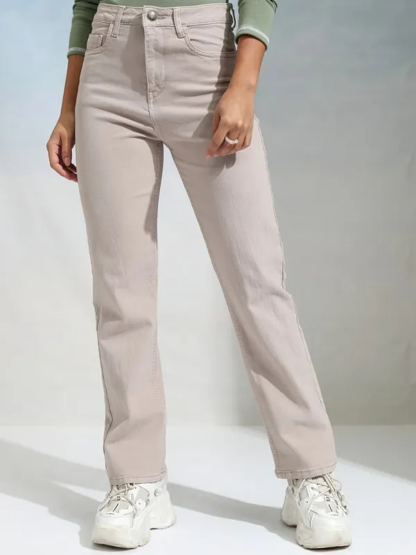 Tokyo Talkies Women Beige Straight Fit Stretchable Jeans