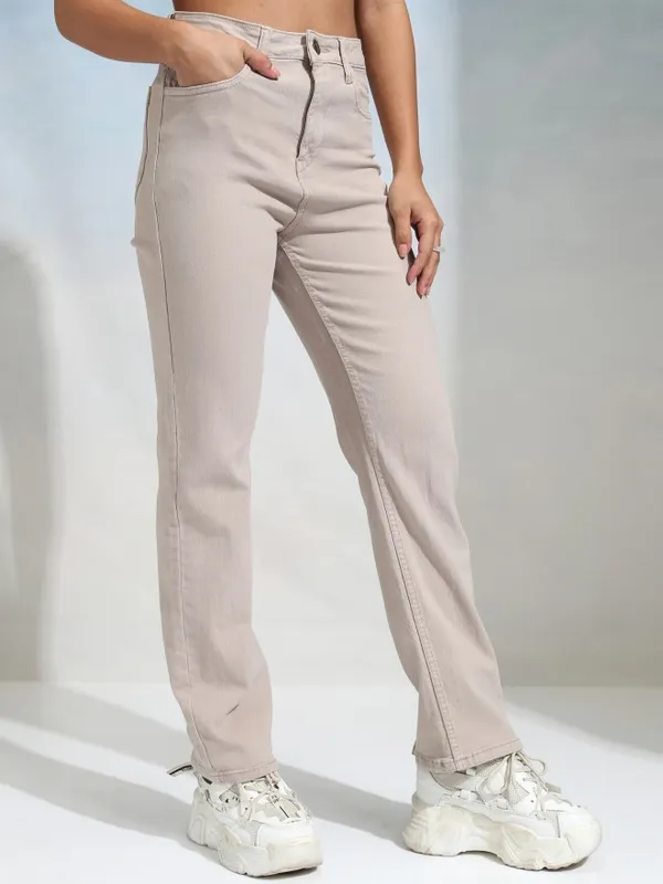 Tokyo Talkies Women Beige Straight Fit Stretchable Jeans