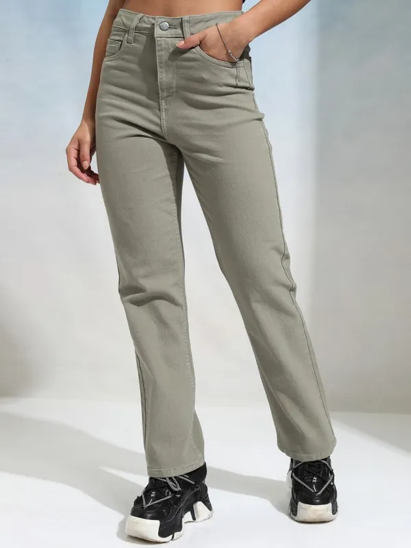 Tokyo Talkies Women Olive Straight Fit Stretchable Jeans