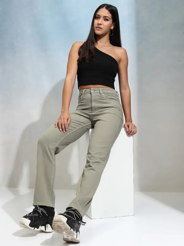 Tokyo Talkies Women Olive Straight Fit Stretchable Jeans