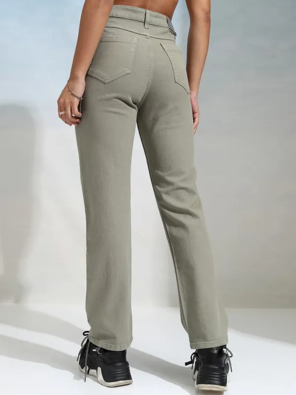 Tokyo Talkies Women Olive Straight Fit Stretchable Jeans