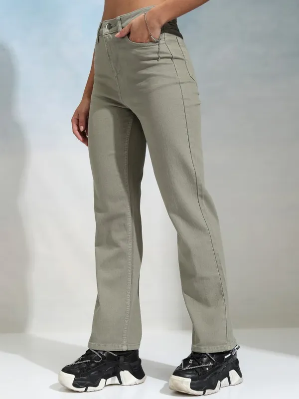 Tokyo Talkies Women Olive Straight Fit Stretchable Jeans