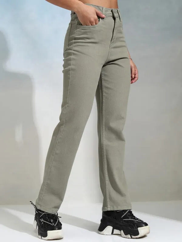 Tokyo Talkies Women Olive Straight Fit Stretchable Jeans