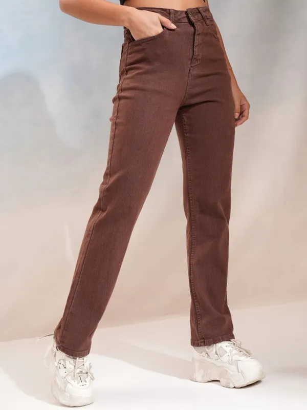 Tokyo Talkies Women Coffee Brown Straight Fit Stretchable Jeans