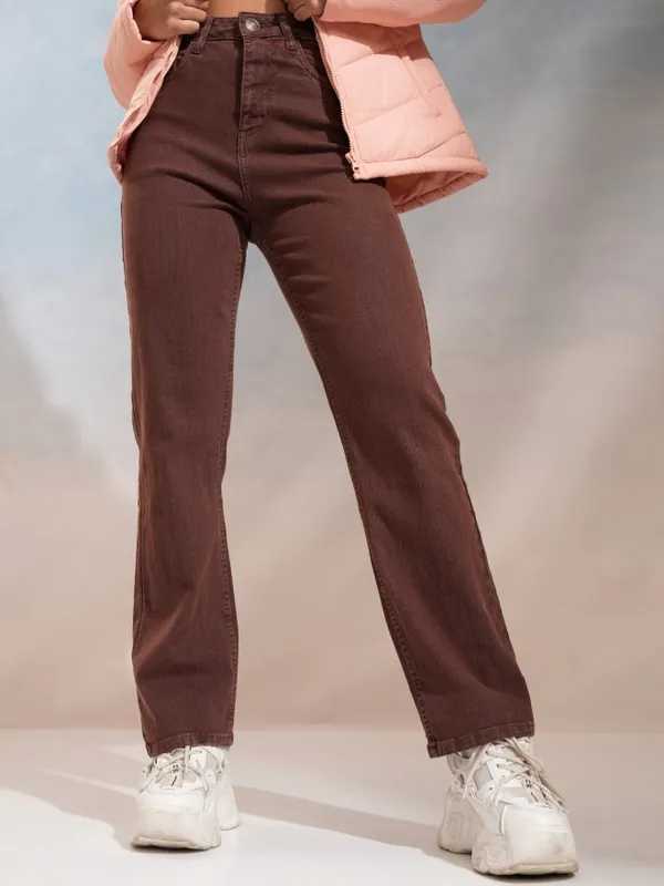 Tokyo Talkies Women Coffee Brown Straight Fit Stretchable Jeans