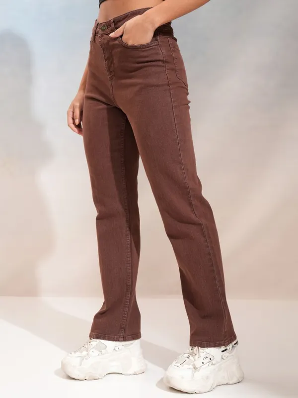 Tokyo Talkies Women Coffee Brown Straight Fit Stretchable Jeans