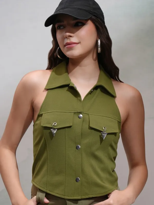 Tokyo Talkies Women Olive Solid Fitted Top