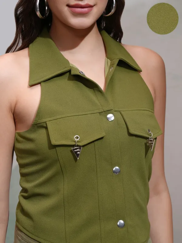 Tokyo Talkies Women Olive Solid Fitted Top