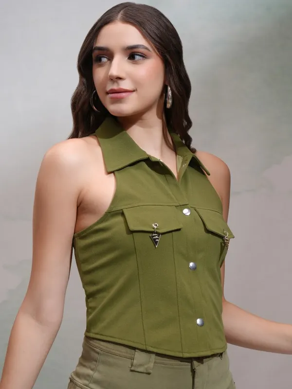 Tokyo Talkies Women Olive Solid Fitted Top