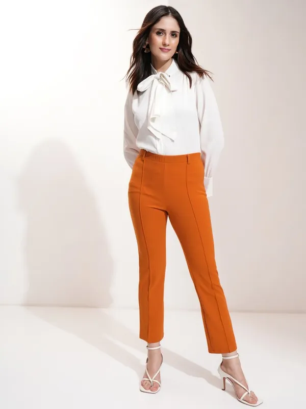 Tokyo Talkies Women Rust Flared Solid Trousers