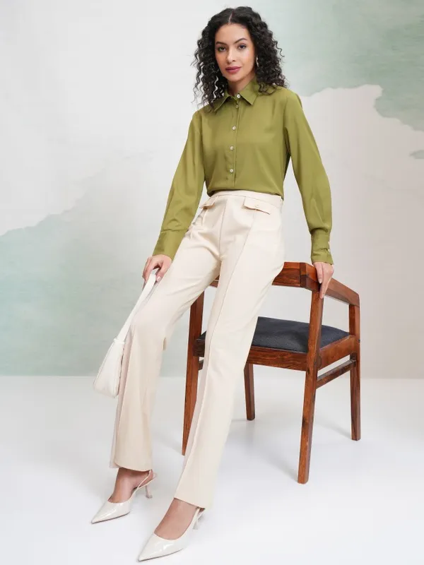 Tokyo Talkies Women Off White Solid Flared Casual Trouser