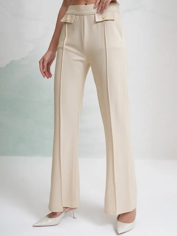 Tokyo Talkies Women Off White Solid Flared Casual Trouser