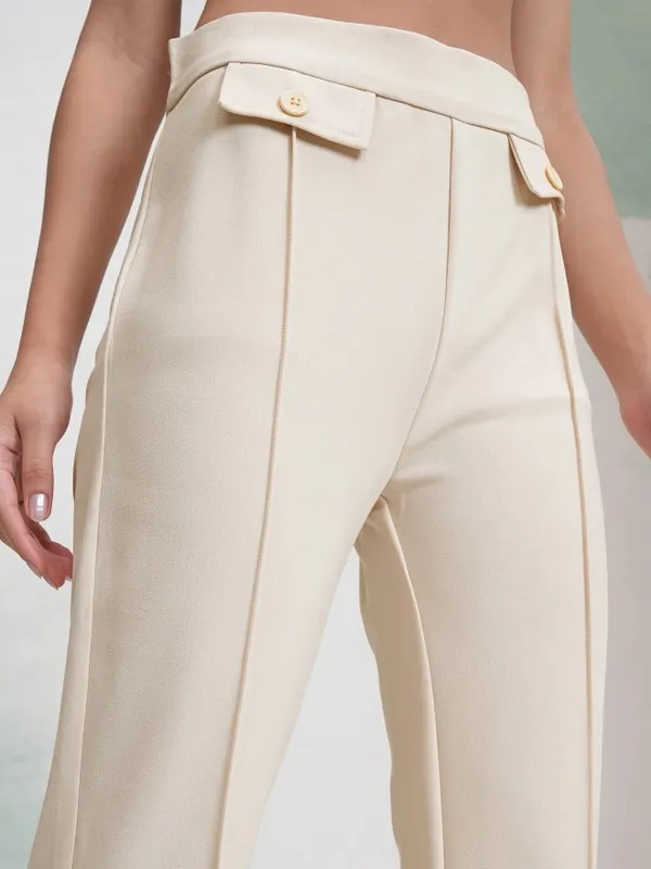 Tokyo Talkies Women Off White Solid Flared Casual Trouser