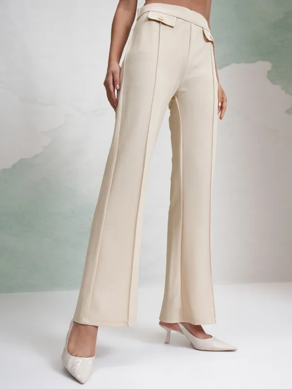 Tokyo Talkies Women Off White Solid Flared Casual Trouser