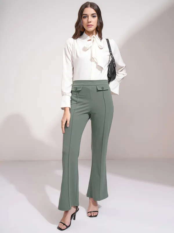 Tokyo Talkies Women Olive Solid Flared Casual Trouser