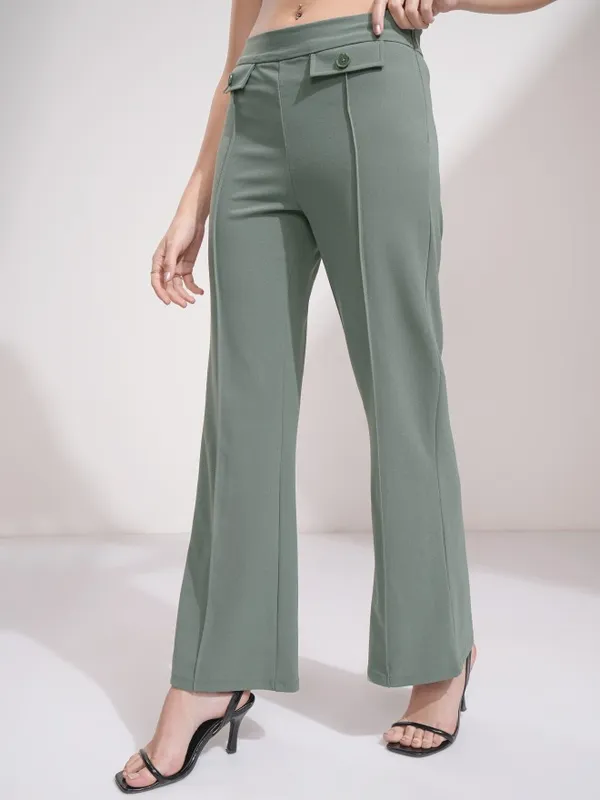 Tokyo Talkies Women Olive Solid Flared Casual Trouser