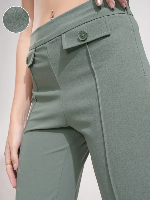 Tokyo Talkies Women Olive Solid Flared Casual Trouser