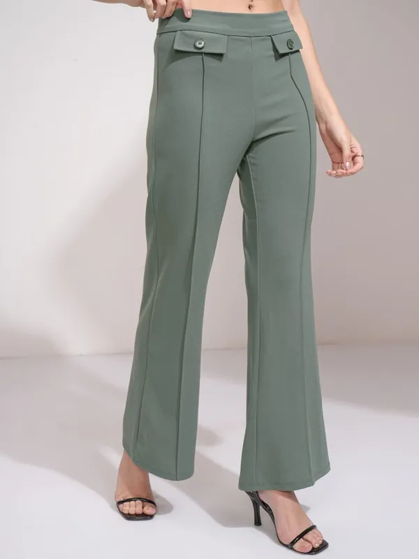 Tokyo Talkies Women Olive Solid Flared Casual Trouser