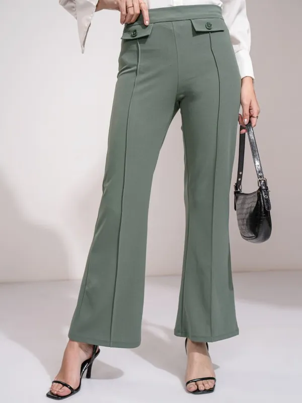 Tokyo Talkies Women Olive Solid Flared Casual Trouser