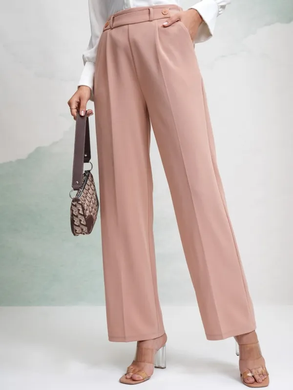 Tokyo Talkies Women Peach Solid Wide Leg Casual Trouser