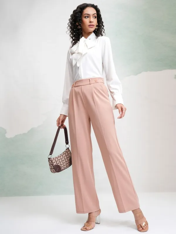 Tokyo Talkies Women Peach Solid Wide Leg Casual Trouser