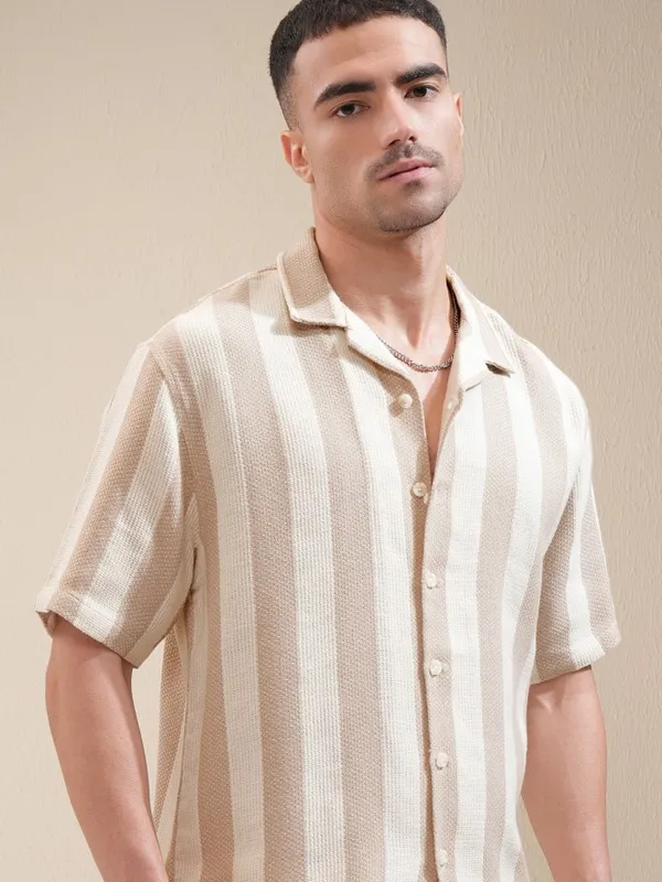 Locomotive Men Beige Striped Relaxed Fit Casual Shirt