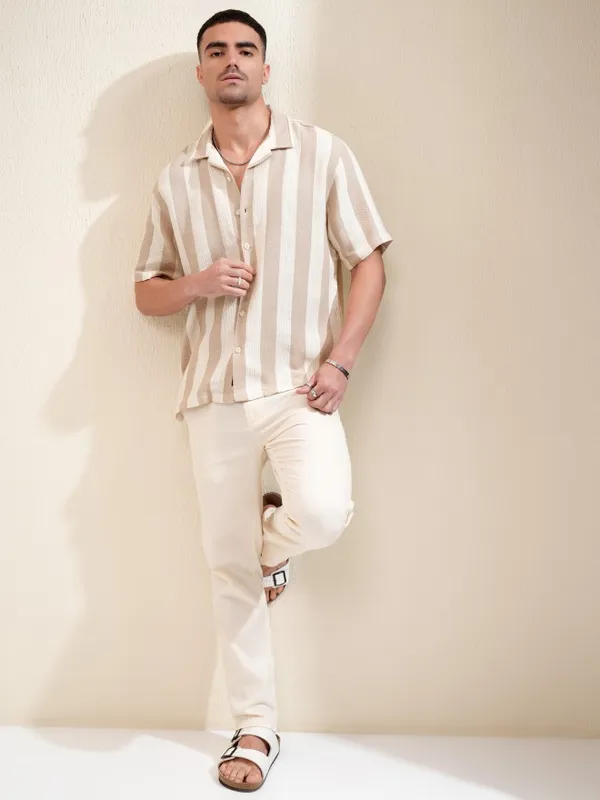 Locomotive Men Beige Striped Relaxed Fit Casual Shirt