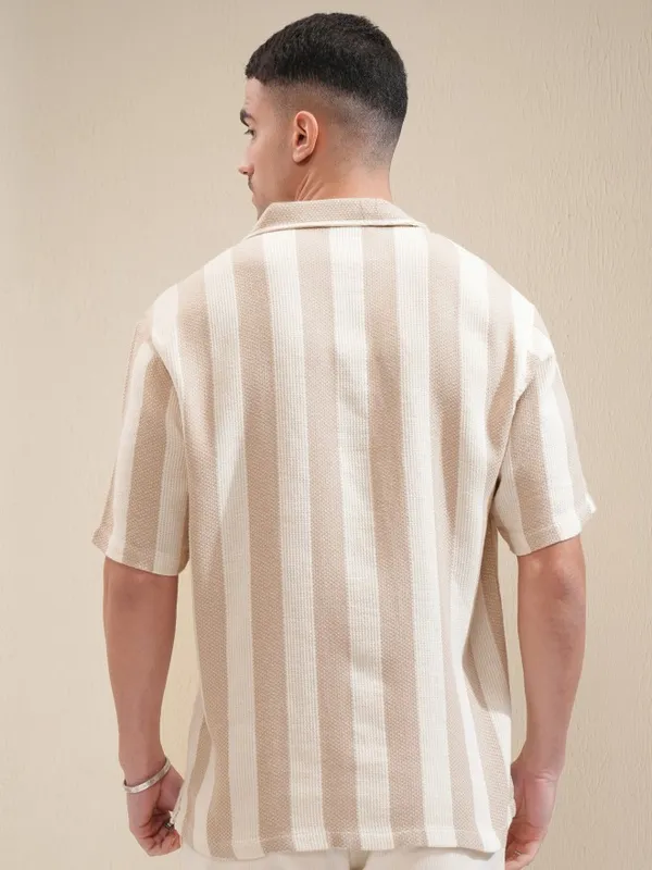 Locomotive Men Beige Striped Relaxed Fit Casual Shirt