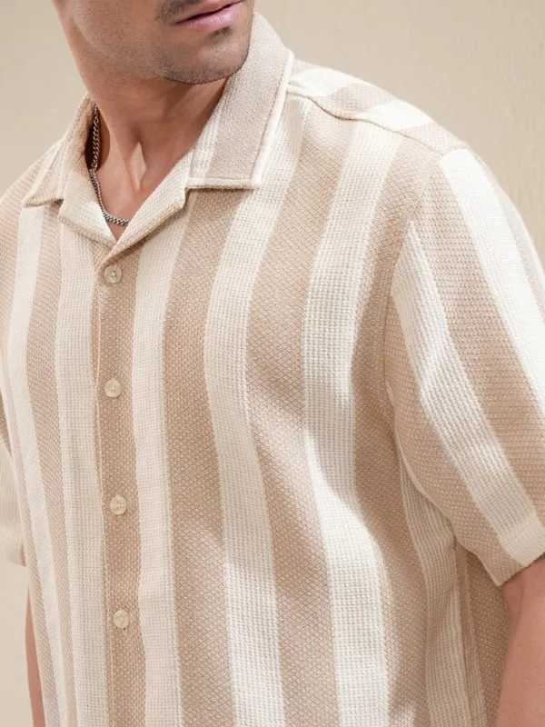 Locomotive Men Beige Striped Relaxed Fit Casual Shirt