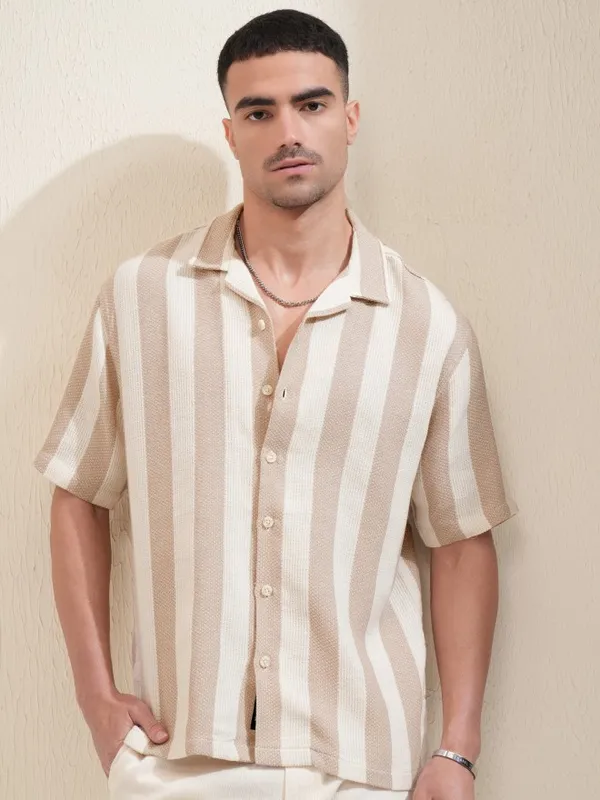 Locomotive Men Beige Striped Relaxed Fit Casual Shirt